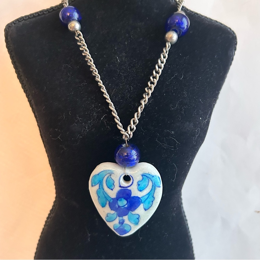 Ceramic Hand Painted Heart Pendant Long Necklace Blue Silver Statement Beads